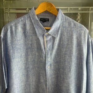 Lands End Shirt Men's XXL Blue Traditional Fit 100% Linen Button Up Short Sleeve